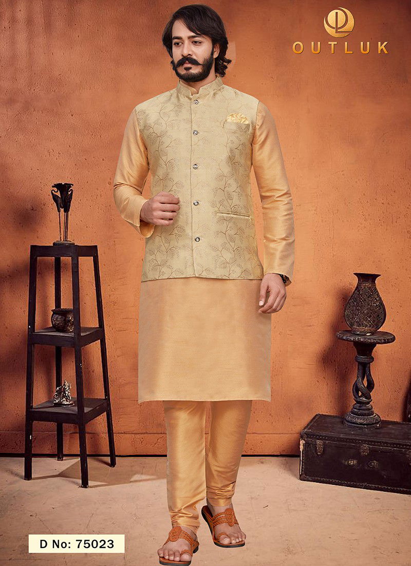 Golden colour kurta pajama with online jacket